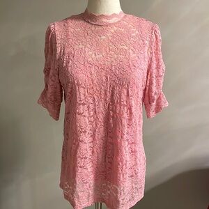 Lace stretch top / blouse mock neckline overlay with attached tank S/S pink sz S